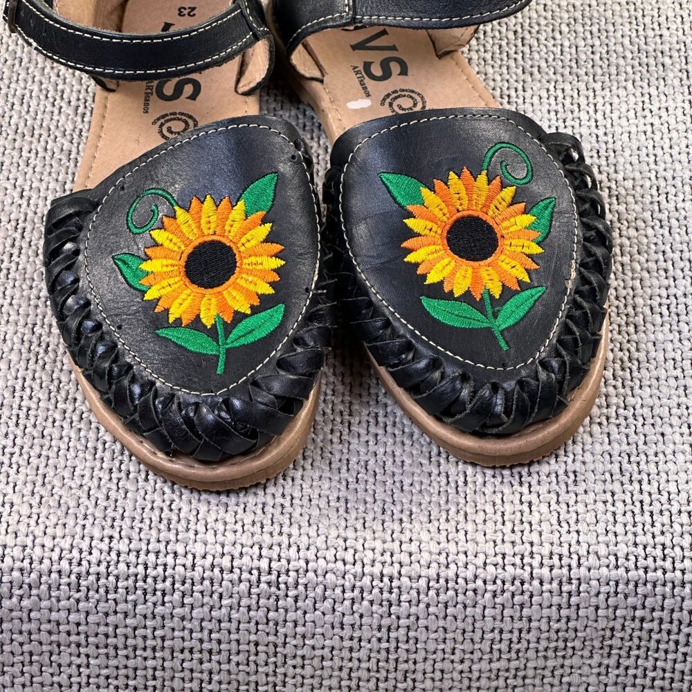 JVS Artisanal Women's Sunflower Black Leather Mexican Made Huarache Size 6.5 US - Picture 2 of 8